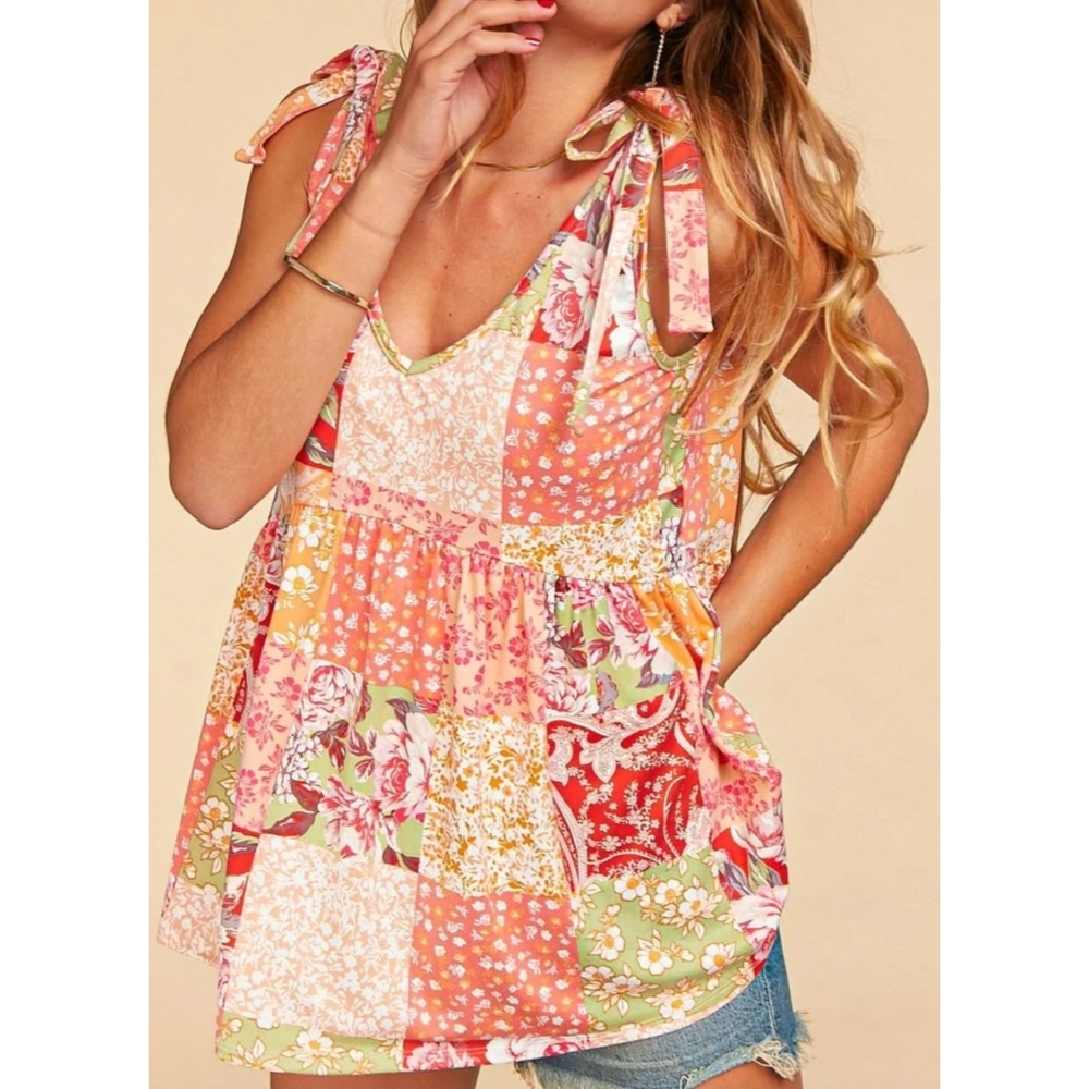 22 Bright boho patchwork multi floral paisley print tie strap flowy babydoll top